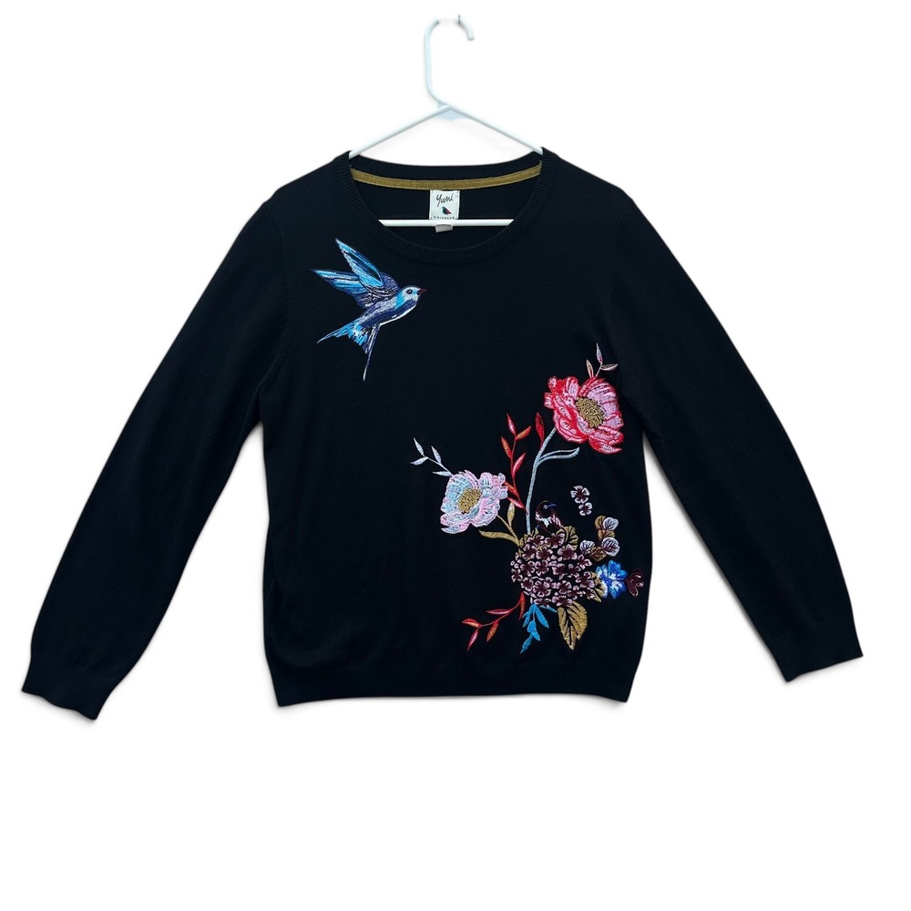 Yumi Womens Sweater Medium Black Embroidered Bird Floral Wool Blend Knit
